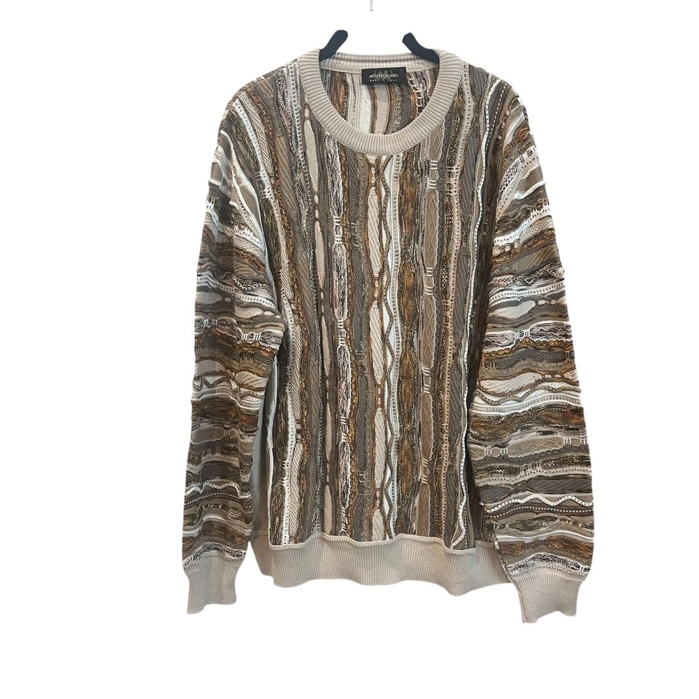 Montechiaro Italy  XL 3D Textured Knit Sweater Brown Tan Crewneck Vintage Style